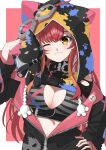 1girl :3 animal_hood arm_up belt belt_collar black_belt black_jacket blush border breasts cat_hood chest_belt cleavage cleavage_cutout closed_mouth clothes_pin clothing_cutout collar commentary_request creature crop_top goggles goggles_on_head grey_shirt hand_on_own_hip highres hood hood_up jacket long_hair long_sleeves medium_breasts multicolored_hair one_eye_closed orange_eyes orange_streaks original partially_unzipped red_hair shirt shoulder_cutout side_part sidelocks solo splatter_print streaked_hair striped_clothes striped_shirt two-sided_fabric two-sided_jacket two-tone_background upper_body white_border ykkz_831 zipper_pull_tab 