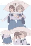  2girls absurdres bag blue_bow blue_bowtie blue_shirt blue_skirt blush bow bowtie brown_hair cellphone closed_eyes commentary earphones girls_band_cry glasses grey_hair grey_umbrella highres hina_(girls_band_cry) holding holding_phone holding_umbrella iseri_nina long_sleeves low_twintails multiple_girls open_mouth phone purple_eyes rain school_bag shared_earphones shared_umbrella shirt shirt_tucked_in short_hair short_twintails shoulder_bag skirt smartphone twintails umbrella umirororo untranslatable_commentary 