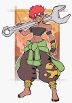  1girl abs absurdres arm_strap bandeau bare_shoulders barefoot black_bandeau black_gloves brown_pants clenched_hand clothes_around_waist commentary dark-skinned_female dark_skin earrings english_commentary eyelashes feet fingerless_gloves gerudo gloves goggles goggles_on_head green_eyes grin highres holding holding_wrench index_finger_raised jewelry legs_apart lokigun mechanic midriff navel original outline oversized_object pants pointy_ears red_hair short_hair smile solo standing teeth the_legend_of_zelda toes toned toned_female undercut white_outline wrench 