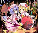  black_background blonde_hair crystal flandre_scarlet hat highres holding_hands looking_at_viewer multiple_girls purple_hair puzzle_piece ramudia_(lamyun) red_eyes remilia_scarlet smile touhou 