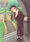  1girl an_dres_art bench black_robe character_request commentary_request copyright_request courtyard day fingernails full_body hand_on_own_chest highres holding_rosary incoming_gift leaning_forward long_hair long_sleeves looking_at_viewer monastery nun original robe sandals smile solo stairs standing statue toenails yellow_eyes 