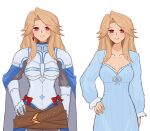  1girl absurdres armor belt blue_pajamas breastplate breasts brown_hair cape earrings eyebrows_hidden_by_hair gauntlets granblue_fantasy hand_on_own_hip highres jewelry katalina_(granblue_fantasy) katavirass knight long_hair looking_at_viewer medium_breasts multiple_belts multiple_views open_mouth pajamas pauldrons red_eyes shoulder_armor simple_background single_earring smile white_background 