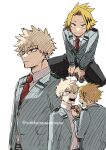  2boys adam's_apple adjusting_another's_clothes bakugou_katsuki belt belt_buckle black_pants black_streaks blazer blonde_hair boku_no_hero_academia buckle buttoned_cuffs buttons closed_mouth clothes_grab collared_shirt commentary_request curtained_hair dkyoudai double_horizontal_stripe grey_jacket hair_between_eyes hands_up hatching_(texture) highres jacket kaminari_denki lapels linear_hatching long_sleeves looking_ahead looking_at_another looking_at_hand looking_at_viewer looking_down looking_up male_focus multicolored_hair multiple_boys multiple_views necktie necktie_grab neckwear_grab notched_lapels open_clothes open_jacket open_mouth pants parted_bangs partial_commentary partially_open_jacket partially_unbuttoned plain_epaulettes pocket profile red_eyes red_necktie sanpaku scar scar_on_face school_uniform shirt short_eyebrows short_hair short_sideburns sideburns sideways_mouth simple_background sitting sketch smile spiked_hair split_mouth streaked_hair tsurime twitter_username u.a._school_uniform unbuttoned white_background white_shirt wing_collar yellow_eyes 