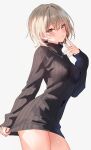  1girl black_sweater blonde_hair blush breasts brown_eyes clothes_tug commentary_request covered_nipples cowboy_shot dot_nose finger_to_cheek from_side grey_background hair_between_eyes hand_up highres jewelry long_sleeves looking_at_viewer medium_breasts naked_sweater natukisigure necklace original parted_lips ribbed_sweater short_hair sidelocks simple_background sleeves_past_wrists solo sweater sweater_tug turning_head turtleneck turtleneck_sweater 