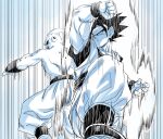  2boys amayuki318 arm_up aura baggy_pants biceps black_hair black_sclera boots clenched_hand closed_mouth collarbone colored_sclera commentary_request dougi dragon_ball dragon_ball_z duel fighting_stance flying head_tail highres hole_on_body looking_at_another looking_back majin_buu male_focus martial_arts_belt motion_lines multiple_boys muscular muscular_male pants partially_colored potential_unleashed serious short_hair son_gohan spiked_hair super_buu surprised thick_eyebrows thick_neck topless_male undershirt wristband 