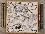  2girls art_tools_in_frame bow capelet character_and_character_item character_doll collared_dress commentary_request doll dress frilled_dress frilled_skirt frills fumo_(doll) hat hat_bow highres long_sleeves looking_at_viewer maribel_hearn medium_hair mob_cap multiple_girls necktie open_mouth photo_(medium) puffy_short_sleeves puffy_sleeves ringo_no_usagi shikishi shirt shirt_tucked_in short_sleeves skirt smile touhou traditional_media usami_renko 