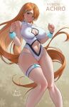  1girl achromaru alternate_costume artist_logo bare_shoulders bleach breasts brown_eyes brown_hair cameltoe cleavage cleavage_cutout clenched_hands clothing_cutout commentary covered_nipples dutch_angle english_commentary eyebrows_hidden_by_hair feet_out_of_frame floating_hair hair_ornament hands_up highres inoue_orihime knees knees_together_feet_apart large_breasts leotard logo long_hair looking_at_viewer navel navel_cutout open_mouth sidelighting snowflake_hair_ornament solo standing stomach thigh_strap thighs very_long_hair w_arms white_leotard 