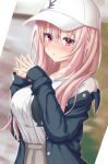  1girl baseball_cap black_jacket blurry blurry_background blush breasts casual collarbone commentary cowboy_shot eyelashes furrowed_brow grey_skirt hair_between_eyes hair_over_shoulder hands_up harumi_ena hat highres jacket jacket_partially_removed large_breasts limelight_lemonade_jam long_hair looking_at_viewer open_clothes open_jacket own_hands_together parted_lips penguin_print pink_hair pleated_skirt print_shirt red_eyes shirt skirt sleeves_past_wrists solo steepled_fingers t-shirt very_long_hair white_hat white_shirt yuunagi_(yunagi1373) 