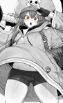  1girl absurdres anchor ass_visible_through_thighs backpack bag bike_shorts commentary_request fingerless_gloves gloves guilty_gear guilty_gear_strive highres jacket large_hat long_hair may_(guilty_gear) midriff_peek monochrome navel niwarhythm over_shoulder oversized_jacket red_eyes salute skull_and_crossbones thick_thighs thighs weapon weapon_over_shoulder wind 
