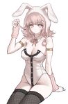  1girl absurdres animal_ears armlet bare_shoulders black_leotard breasts brown_thighhighs cleavage commentary danganronpa_(series) danganronpa_2:_goodbye_despair detached_collar fake_animal_ears fishnet_thighhighs fishnets flipped_hair highres jewelry leotard low_neckline medium_hair mole mole_on_breast nanami_chiaki neck_ribbon pink_eyes pink_ribbon playboy_bunny rabbit_ears ribbon simple_background solo thighhighs untranslatable_commentary white_leotard zzom01 