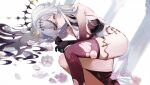  1girl absurdres bare_shoulders black_hair black_halo blue_eyes braid breasts cleavage closed_mouth colored_skin crown dress feet_out_of_frame flower gloves grey_hair hair_between_eyes hair_ornament halo highres indie_virtual_youtuber jewelry large_breasts long_hair looking_at_viewer lying mole multicolored_hair multicolored_skin on_side pelvic_curtain petals pink_flower purple_thighhighs second-party_source single_thighhigh solo tea_(teahrii) thighhighs thighlet torn_clothes torn_thighhighs two-tone_hair virtual_youtuber white_background white_dress white_flower white_hair 