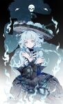  absurdres black_dress black_hat black_sleeves blue_eyes blue_flower blue_hair blue_sleeves braid chun_zhi_zhi detached_sleeves dress flower frills hat hat_flower highres long_hair long_sleeves looking_at_viewer low_twin_braids original skull solo twin_braids watermark 