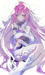  1girl bare_shoulders black_shorts boots breasts commentary corset diamond-shaped_pupils diamond_(shape) elf elysia_(herrscher_of_human:_ego)_(honkai_impact) elysia_(honkai_impact) gloves h2o_omizu highres honkai_(series) honkai_impact_3rd large_breasts long_hair looking_at_viewer multicolored_hair pink_hair pointy_ears purple_eyes short_shorts shorts simple_background smile solo symbol-shaped_pupils thighs triquetra two-tone_hair veil very_long_hair white_background white_boots white_corset white_gloves white_hair white_veil 