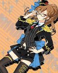  adjusting_eyewear bad_id bad_pixiv_id brown_eyes brown_hair chobihige cropped_jacket epaulettes glasses hair_ornament hat minami_mirei navel necktie ponytail pretty_(series) pripara ribbon shirt short_shorts shorts solo striped striped_shirt thighhighs vertical-striped_shirt vertical_stripes 