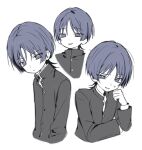  1boy :p alternate_costume anger_vein black_jacket black_sleeves blunt_ends clenched_hand closed_mouth collared_shirt commentary_request contemporary gakuran genshin_impact grey_eyes grey_hair hand_on_own_face hand_up highres jacket korean_commentary layered_sleeves long_sleeves looking_at_viewer male_focus multiple_views popped_collar scaramouche_(genshin_impact) school_uniform shirt simple_background tongue tongue_out tsurime undershirt white_background white_shirt white_sleeves wispy_bangs yoyuyu_0 