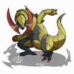  claws colored_skin green_skin grey_skin haxorus mistray-art multicolored_skin no_humans numbered open_mouth pokemon pokemon_(creature) red_eyes signature solo tail two-tone_skin white_background 