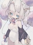  1girl absurdres animal_ears balloon bare_shoulders black_sleeves blue_eyes blush bow bowtie breasts cleavage closed_mouth commentary cowboy_shot dated_commentary detached_collar detached_sleeves double-parted_bangs hair_between_eyes highres large_breasts leotard long_hair long_sleeves low_neckline nep_(nep_76) original playboy_bunny rabbit_ears red_bow red_bowtie simple_background solo strapless strapless_leotard twintails white_background white_hair white_leotard 