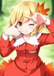  1girl aki_shizuha blonde_hair blurry blush breasts closed_mouth collared_shirt commentary_request completion_time depth_of_field finger_frame hair_ornament highres leaf leaf_hair_ornament long_sleeves maple_leaf maple_leaf_hair_ornament medium_hair one_eye_closed orange_shirt orange_skirt ruu_(tksymkw) shirt skirt small_breasts smile solo touhou yellow_eyes 