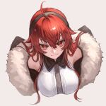  1girl ahoge arms_at_sides black_hairband breasts closed_mouth commentary cropped_shirt cropped_shoulders endroll00 eris_greyrat eris_greyrat_(adult) fur-trimmed_jacket fur_trim grey_background hair_between_eyes hairband highres jacket large_breasts long_hair looking_at_viewer mushoku_tensei red_eyes red_hair shirt simple_background sleeveless sleeveless_shirt solo upper_body v-shaped_eyebrows white_shirt 