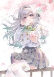  1girl absurdres black_hairband blue_eyes blue_pupils bow bowtie branch buttons cherry_blossoms closed_mouth commission double-breasted feet_out_of_frame firefly_(honkai:_star_rail) firefly_(spring_missive)_(honkai:_star_rail) floating_hair gradient_eyes green_bow green_bowtie grey_hair grey_sailor_collar grey_skirt hair_between_eyes hair_intakes hairband hand_up highres holding honkai:_star_rail honkai_(series) long_hair long_sleeves looking_at_viewer mihuashi_commission miniskirt multicolored_eyes official_alternate_costume plaid_bow plaid_bowtie plaid_clothes plaid_skirt pleated_skirt sailor_collar sayaaatat school_uniform shirt sitting skirt smile solo thighhighs too_many_watermarks two-tone_eyes watermark white_shirt white_thighhighs 