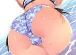  23_(real_xxiii) ahoge_girl_(23) areolae ass ass_focus bikini black_ribbon blue_bikini breasts breasts_outside cameltoe camouflage digital_camouflage fat_mons from_behind large_breasts leaning leaning_forward original ribbon sample side-tie_bikini simple_background skindentation solo swimsuit wading water wet white_background 