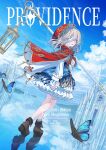  1girl absurdres blonde_hair blue_butterfly blue_sky boots brown_shoes bug butterfly cape cloak cloud comiket_108 commentary_request eyepatch frills grey_eyes highres holding holding_staff hood hooded_cape long_sleeves looking_at_viewer medium_hair mikisai open_mouth original outdoors red_cape reflection shoes skirt sky solo staff 