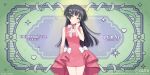  1girl artist_name black_hair border bow bowtie brown_eyes cleavage_cutout clothing_cutout commentary_request copyright_name cowboy_shot dot_nose dress dress_bow earrings frilled_dress frills green_background green_ribbon guest_art hand_on_own_face heart heart_earrings highres idolmaster idolmaster_shiny_colors inset_border jewelry light_blush long_hair looking_at_viewer mayuzumi_fuyuko multiple_hair_ribbons official_art ornate_border pink_dress ribbon second-party_source shigure_ui short_dress sleeveless sleeveless_dress smile solo striped_bow striped_bowtie striped_clothes white_bow white_ribbon 