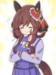  1girl animal_ears blush bow bowtie braid braided_hair_rings breasts brown_hair closed_eyes closed_mouth commentary_request crossed_arms ear_covers ear_ornament gentildonna_(umamusume) hair_between_eyes hair_ornament hair_rings heart-shaped_ornament heart_ear_ornament highres horse_ears horse_girl horse_tail long_hair long_sleeves purple_serafuku purple_shirt purple_skirt rakugakiraid sailor_collar sailor_shirt school_uniform serafuku shirt skirt smile solo tail tracen_school_uniform umamusume white_bow white_bowtie 