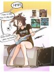  1girl ? amplifier animal_ears bare_arms barefoot bed blush bow brown_hair cable commentary curren_chan_(umamusume) dantsu_flame_(umamusume) duramente_(umamusume) ears_down electric_guitar english_text flying_sweatdrops fuji_kiseki_(umamusume) full_body grey_hair guitar hair_bow hair_over_one_eye highres holding holding_guitar holding_instrument horse_ears horse_girl horse_tail instrument knees_together_feet_apart laosbreaker leaning_to_the_side manhattan_cafe_(umamusume) multicolored_hair nervous_smile no_pants on_bed one_eye_covered open_mouth outline parody_request poster_(object) poster_parody shirt short_sleeves silence_suzuka_(umamusume) sitting smile solo special_week_(umamusume) spoken_question_mark stay_gold_(umamusume) t-shirt tail two-tone_hair umamusume vodka_(umamusume) white_outline yellow_eyes 