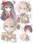  2girls anger_vein black_capelet black_coat black_hair black_shirt blonde_hair capelet coat collared_shirt commentary_request crown curtained_hair diamond_hair_ornament epaulettes flower hair_flower hair_ornament hasumi_leia high_collar highres long_hair mahou_shoujo_no_majo_saiban mini_crown mokoyukkuri multiple_girls multiple_views necktie nikaido_hiro open_mouth red_eyes red_flower red_necktie sash shirt short_hair shoulder_sash side_capelet simple_background translation_request white_background white_shirt yellow_eyes yuri 