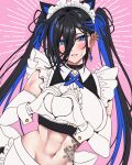  1girl abs animal_ears annoyed apron ayase_yuu black_choker black_hair black_skirt blue_eyes blue_ribbon blue_streaks blush bow cat_ears center_frills choker collared_shirt colored_inner_animal_ears commentary_request double-parted_bangs ear_piercing earrings elbow_gloves emphasis_lines fake_animal_ears flower_tattoo frilled_shirt frilled_sleeves frills gloves grimace hair_ribbon heart heart_hands highres jewelry leaf_tattoo long_bangs long_hair looking_at_viewer maid maid_apron maid_headdress maximum_pamyu midriff moe_moe_kyun! multicolored_hair multiple_earrings navel phase_connect piercing pink_background ribbon shirt simple_background skirt solo spiked_ear_piercing stomach_tattoo streaked_hair stud_earrings sweatdrop tattoo twintails underbust very_long_hair virtual_youtuber waist_apron white_apron white_bow white_gloves white_shirt white_wrist_cuffs wrist_cuffs 
