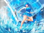  1girl belt blue_dress blue_hair blue_sky boat breasts buttons cardigan cloud cloudy_sky collarbone commentary dress english_commentary erkaz feathers full_body glowing highres large_breasts legs magic magic_circle magical_girl medium_hair ocean open_cardigan open_clothes original outdoors parted_lips red_eyes rina_atherina shoes short_dress signature sky solo teeth thighs water watercraft white_belt white_cardigan white_shoes 