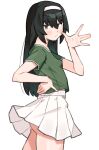  1girl ass_peek black_hair blush breasts commentary_request girls_und_panzer grey_eyes hairband highres long_hair looking_at_viewer pleated_skirt reizei_mako sattinittas shirt simple_background skirt small_breasts solo t-shirt 