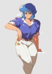  1girl artist_name belt blue_hair brown_belt character_name closed_mouth cup cyborg drink frown ghost_in_the_shell holding holding_cup holding_drink ishida_baru kusanagi_motoko looking_at_viewer pants red_eyes shirt short_hair simple_background solo the_ghost_in_the_shell_(2026) twitter_username white_pants 
