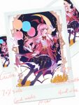  1girl animal_ear_hairband animal_ears arcaea balloon bare_shoulders bird black_boots black_pantyhose black_thighhighs boots bow bowtie closed_mouth commentary crescent detached_collar detached_sleeves dove dress fake_animal_ears frilled_sleeves frills green_eyes hairband holding holding_balloon kou_(arcaea) layered_dress long_hair long_sleeves night pantyhose photo_(object) pink_hair pleated_skirt postcard rabbit_ear_hairband rabbit_ears red_dress red_hairband red_skirt skirt sky sleeves_past_fingers sleeves_past_wrists strapless strapless_dress thigh_boots thighhighs wide_sleeves yan_qing_(norayq1) 