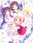  4girls :< :d ;< ;d absurdres alternate_costume angora_rabbit animal_ears arm_garter beret blonde_hair blue_eyes blunt_bangs blush box brown_hair christmas christmas_ornaments cup detached_collar dress fake_animal_ears fake_antlers floppy_ears fur-trimmed_dress fur-trimmed_headwear fur_collar fur_trim fur_wrist_cuffs gift gift_box gochuumon_wa_usagi_desu_ka? green_eyes hat highres holding holding_cup holding_gift hoto_cocoa kafuu_chino kirima_syaro knees koi_(koisan) long_hair lop_rabbit_ears mary_janes medium_hair multiple_girls non-web_source one_eye_closed orange_hair outstretched_arm pom_pom_(clothes) purple_eyes purple_hair rabbit rabbit_ears red_dress red_hat santa_costume santa_dress santa_hat scan shoes short_hair smile star_(symbol) tareme tedeza_rize textless_version thighhighs tippy_(gochiusa) ujimatsu_chiya white_dress white_hair white_thighhighs wrist_cuffs 
