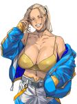 1girl belt blonde_hair blue_eyes blue_jacket blue_ribbon breasts choker commentary_request cowboy_shot earrings grin hand_in_own_hair hand_in_pocket highres jacket jacket_partially_removed jewelry large_breasts mattsun_(lyohei) mole mole_on_neck multiple_earrings natalie_(mattsun) navel_piercing one_eye_closed open_clothes open_jacket orange_nails original partially_unzipped piercing ponytail ribbon simple_background smile solo tank_top white_background yellow_tank_top 