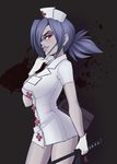  1girl amanda_evelyn_earl blood blue_hair breasts choker cleavage dress eyepatch gloves hat highres huge_breasts nurse nurse_cap ponytail red_cross red_eyes saw scar short_dress skullgirls solo spittfireart standing surgical_mask thighs valentine_(skullgirls) weapon white_gloves 