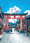  3girls blue_sky building cloud commentary_request fushimi_inari_taisha kyoto_(city) masashi_shimakawa multiple_girls original outdoors real_world_location road scenery school_uniform shop sky torii 