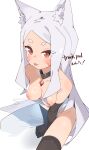  1girl :p absurdres alternate_breast_size_(larger) animal_ear_fluff animal_ears bare_shoulders black_choker black_gloves black_thighhighs blush breasts breasts_out choker clothes_pull commission commissioner_upload crescent_print dress dress_pull elbow_gloves facial_mark fox_ears fox_girl fox_tail gem gloves highres long_hair looking_at_viewer medium_breasts nipples no_bra rasusurasu red_eyes red_gem second-party_source sewayaki_kitsune_no_senko-san shiny_skin shiro_(sewayaki_kitsune_no_senko-san) short_eyebrows simple_background sitting solo strapless strapless_dress tail thank_you thick_eyebrows thighhighs tongue tongue_out whisker_markings white_background white_hair 