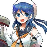  beret blue_eyes blue_hair breasts double_bun elbow_gloves gloves gun hat itomugi-kun kantai_collection long_hair medium_breasts open_mouth orange_neckwear school_uniform serafuku sleeves_rolled_up smile solo urakaze_(kantai_collection) weapon white_gloves white_hat 