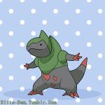  artist_name blue_background claws colored_skin ditto fraxure green_skin grey_skin madame_quin multicolored_skin no_humans pokemon pokemon_(creature) polka_dot polka_dot_background solo tail transformed_ditto tumblr_username two-tone_background two-tone_skin web_address white_background 