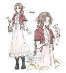  1girl aerith_gainsborough basket boots bracelet braid braided_ponytail brown_hair commentary cowboy_shot dress ff14hioo_oo7 final_fantasy final_fantasy_vii final_fantasy_vii_remake flower full_body green_eyes hair_ribbon holding holding_basket holding_flower jacket jewelry long_hair multiple_views open_clothes open_jacket parted_bangs pink_dress pink_ribbon ponytail red_jacket ribbon simple_background untranslatable_commentary watermark white_background yellow_flower 