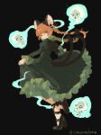  1girl :3 absurdres animal_ears black_background black_ribbon black_shoes braid canariadraw cat_ears cat_girl cat_tail closed_mouth commentary_request dress extra_ears frilled_dress frills full_body green_dress high_heels highres hitodama juliet_sleeves kaenbyou_rin leg_ribbon long_sleeves looking_at_viewer multiple_tails nekomata puffy_sleeves red_eyes red_hair ribbon shoes side_braids simple_background skull solo tail touhou twin_braids twitter_username two_tails 