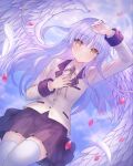  1girl adapted_costume angel angel_beats! angel_wings arm_up black_skirt blue_sky blurry blurry_background blush closed_mouth collared_shirt commentary_request cowboy_shot dress dutch_angle eyes_visible_through_hair falling_petals feathered_wings feathers floating_hair grey_hair hair_between_eyes hand_on_own_chest hand_up highres jacket long_hair long_sleeves looking_at_viewer miniskirt neck_ribbon outdoors petals pleated_skirt ribbon school_uniform shirt skirt sky smile solo split_mouth tachibana_kanade thighhighs umyuimui03 very_long_hair white_feathers white_shirt white_thighhighs white_wings wings yellow_eyes yellow_jacket yellow_pupils yellow_ribbon zettai_ryouiki 