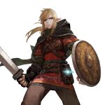  1boy armor belt belt_buckle black_cape black_gloves blonde_hair blue_eyes breastplate brown_belt brown_pants buckle cape chainmail clenched_hand commentary_request cowboy_shot fantasy fingerless_gloves gambeson gloves glowing hair_between_eyes highres holding holding_shield holding_sword holding_weapon hood hood_down hooded_cape hylian_set_(zelda) jun_(navigavi) link lips looking_at_viewer male_focus nose pants parted_lips partial_commentary pauldrons pointy_ears ponytail red_tunic revision round_shield sheikah_slate shield shoulder_armor sidelocks simple_background single_pauldron solo sword teeth the_legend_of_zelda the_legend_of_zelda:_breath_of_the_wild tunic turtleneck vambraces weapon white_background 