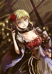  beatrice blonde_hair blue_eyes bow breasts bug butterfly choker cleavage dress dutch_angle flower hair_flower hair_ornament hand_on_hip insect kiseru large_breasts pipe rose smile umineko_no_naku_koro_ni urara_(himitsu_kamitu) wide_sleeves 