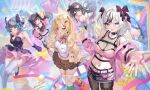  6+girls animal_ear_hairband animal_ears aqua_eyes aqua_hair aqua_nails aqua_streaks artist_request asymmetrical_legwear azur_lane balloon black_hair black_pantyhose black_shoes black_streaks black_thighhighs blonde_hair blue_eyes blue_hair bow breasts brown_skirt cat_ear_hairband cat_ears chain cheshire_(azur_lane) cleavage colored_inner_hair elbe_(azur_lane) fake_animal_ears flat_chest frilled_skirt frills green_leg_warmers hair_bow hairband hatsuzuki_(azur_lane) highres horns italian_flag jacket janus_(azur_lane) large_breasts leaning_forward leg_warmers leonardo_da_vinci_(azur_lane) medium_breasts midriff mismatched_legwear multicolored_hair multiple_girls navel official_art orange_eyes orange_leg_warmers pamiat_merkuria_(azur_lane) pantyhose pink_jacket pink_leg_warmers pink_skirt purple_bow purple_eyes red_hair red_nails shoes skirt small_breasts star_balloon streaked_hair thighhighs twintails v white_hair white_shoes white_thighhighs 