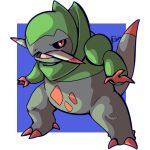  black_sclera claws colored_sclera colored_skin destinywebgio fraxure green_skin grey_skin highres multicolored_skin no_humans open_mouth pokemon pokemon_(creature) red_eyes signature solo tail two-tone_skin 
