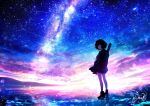  1girl black_boots black_hair black_skirt black_sweater blue_sky bob_cut boots commentary_request from_behind full_body guitar_case highres horizon instrument_case kumeki_(kk4615) long_sleeves looking_at_viewer looking_back milky_way miniskirt night ocean original outdoors pleated_skirt reflection scenery short_hair signature simple_bird skirt sky sky_focus solo standing standing_on_liquid star_(sky) starry_sky sweat sweater turning_head 